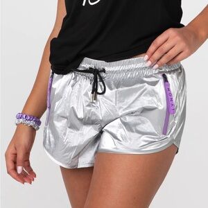 Stylish Silver Athletic Shorts with Purple Accents
